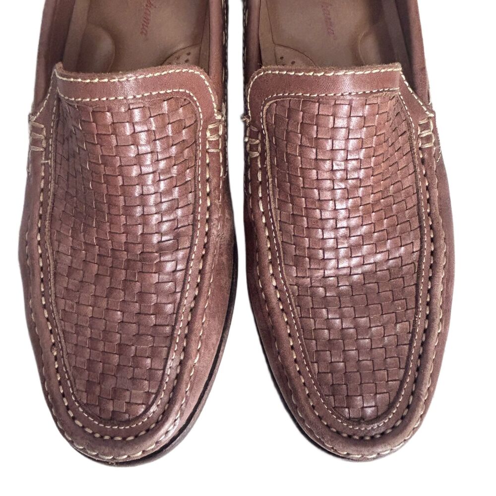 Tommy Bahama Mens Shoes  9 Brown Leather Loafers Brooks Bay Woven Vamp - Picture 2 of 11